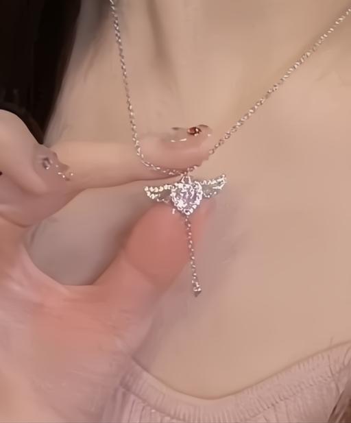 Silver Plated Chain with Heart Angel Wings Pendant