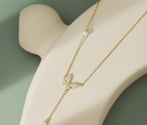Stylish Golden Butterfly Pendant Drop Necklace with Pearl Accent