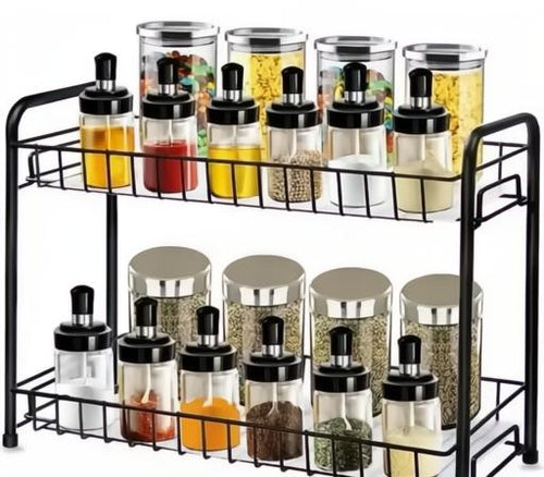2-Tier Foldable Multi-Purpose Kitchen Spice Rack | Matte Black Organizer Stand