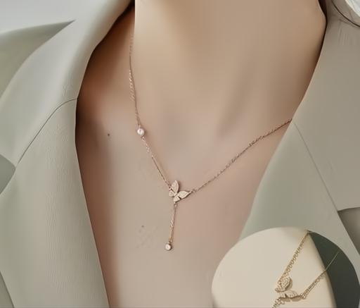 Stylish Golden Butterfly Pendant Drop Necklace with Pearl Accent